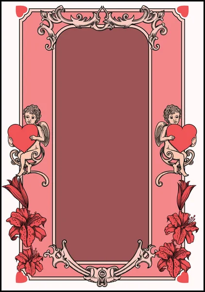 Vektor-Illustration einer Valentinstagskarte. Detailliertes Bild in Skizze Umriss Strich mit Blumen und ornament.cupids mit roten Herzen. leere Vintage Card.retro valentines Tagesrahmen und Bordüre — Stockvektor