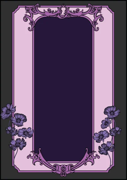 Tarjeta de felicitación vectorial en estilo vintage y retro. Flores románticas en flor y adorno en marco. Borde antiguo y antiguo con decoración.Toda la plantilla de tarjeta en contorno negro como boceto o estilo de grabado — Vector de stock