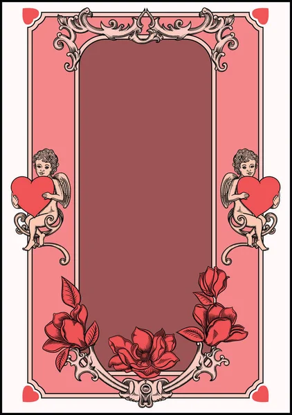 Illustration vectorielle d'une carte de Saint-Valentin. Image détaillée en dessin contour trait avec des fleurs et des ornements.Cupidons avec des cœurs rouges. Carte vintage vierge Cadre et bordure Saint Valentin rétro — Image vectorielle