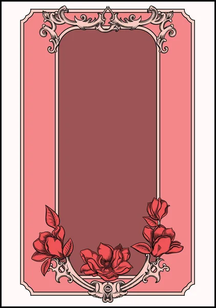 Tarjeta de felicitación vectorial en estilo vintage y retro. Flores románticas en flor y adorno en marco. Borde antiguo y antiguo con decoración.Toda la plantilla de tarjeta en contorno negro como boceto o estilo de grabado — Vector de stock