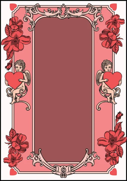 Vektor-Illustration einer Valentinstagskarte. Detailliertes Bild in Skizze Umriss Strich mit Blumen und ornament.cupids mit roten Herzen. leere Vintage Card.retro valentines Tagesrahmen und Bordüre — Stockvektor