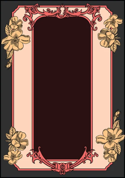 Tarjeta de felicitación vectorial en estilo vintage y retro. Flores románticas en flor y adorno en marco. Borde antiguo y antiguo con decoración.Toda la plantilla de tarjeta en contorno negro como boceto o estilo de grabado — Archivo Imágenes Vectoriales