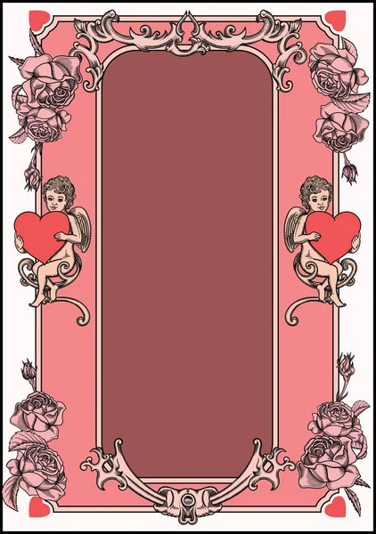 花飾りとスケッチ輪郭でバレンタインの日カード詳細画像のベクター イラストです。赤いハートのキューピッド。空白のビンテージ カード。レトロなバレンタインデー フレームと枠線 — ストックベクタ