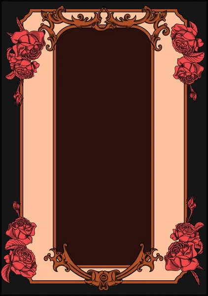 Tarjeta de felicitación vectorial en estilo vintage y retro. Flores románticas en flor y adorno en marco. Borde antiguo y antiguo con decoración.Toda la plantilla de tarjeta en contorno negro como boceto o estilo de grabado — Archivo Imágenes Vectoriales