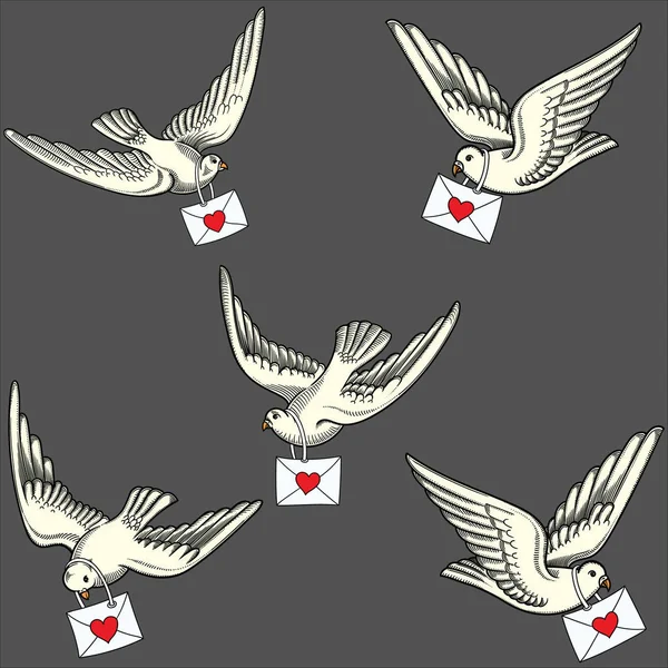 Ilustración de palomas voladoras en diferentes posiciones.Paloma contorneada dibujada a mano. Diferentes posiciones de palomas voladoras dibujadas a mano con letras de amor.Retro, imagen detallada vintage hecha en trazos de línea negra — Vector de stock