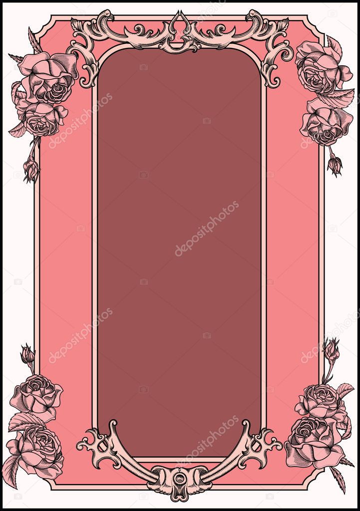 Vector greeting card in vintage and retro style.Romantic blooming flowers and ornament on frame. Ancient and antique border with decor.All card template in black outline like sketch or engraving style