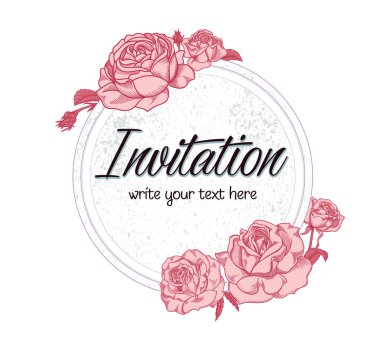 Vector hand drawn romantic floral invitation.Textured cycle with rose flowers in line art style.Invite isolated on white background. sketchy hand drawn roses decoration on greeting card. clipart