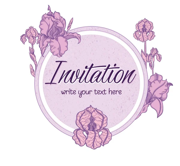Vector hand drawn romantic floral invitation.Textured cycle with  iris flowers in line art style.Invite isolated on  background.sketchy hand drawn irises decoration on greeting card — Stock Vector