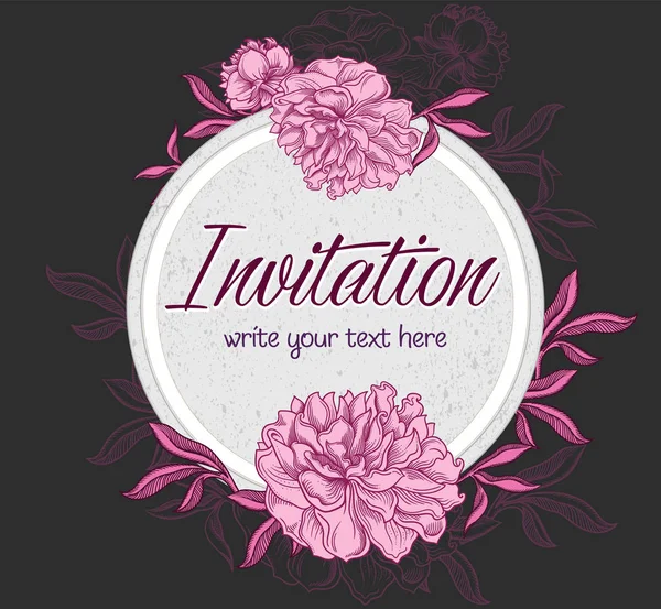 Vecteur dessiné à la main invitation florale romantique.Cycle texturé avec des fleurs de pivoine en ligne art style.Inviter isolé sur fond noir.esquisse main dessinée pivoines décoration carte de souhaits — Image vectorielle