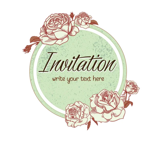 Vector hand drawn romantic floral invitation.Textured cycle with rose flowers in line art style.Invite isolated on white background. sketchy hand drawn roses decoration on greeting card. — Stock Vector