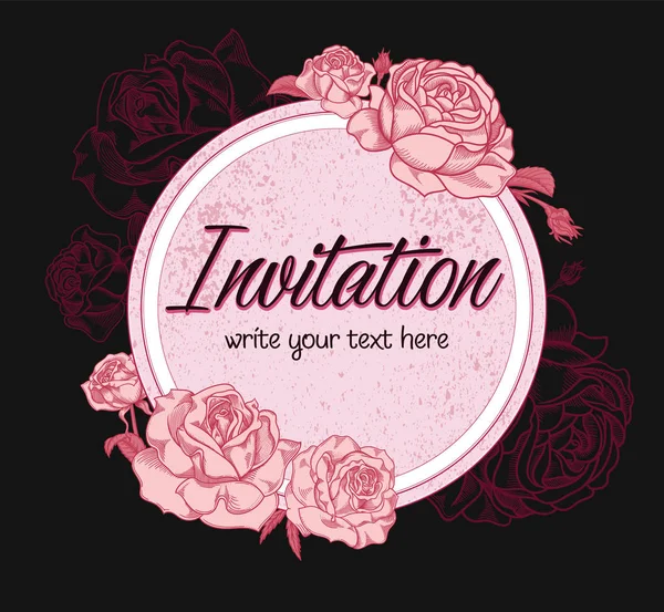 Vector hand drawn romantic floral invitation.Textured cycle with rose flowers in line art style.Invite isolated on white background. sketchy hand drawn roses decoration on greeting card. — Stock Vector