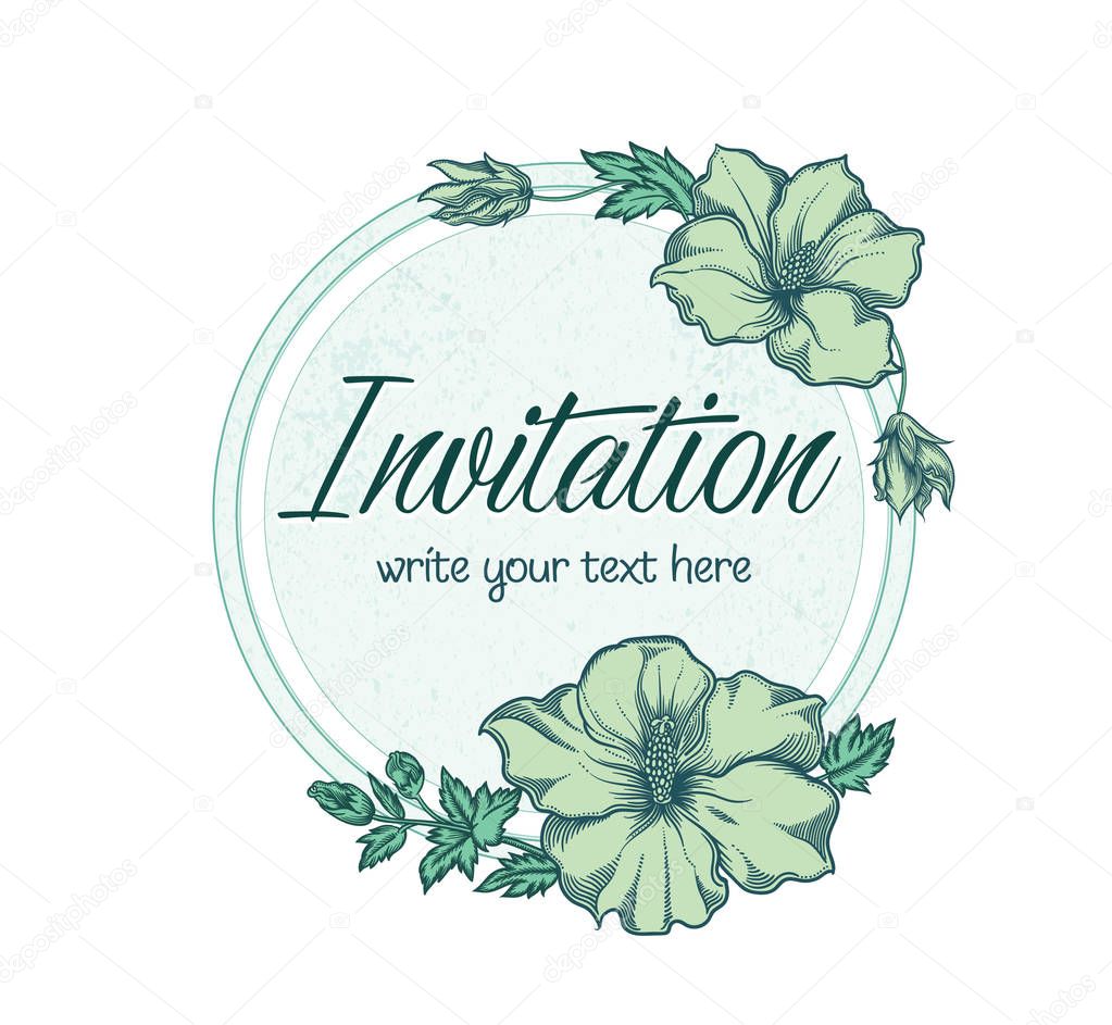 Vector hand drawn romantic floral invitation. Simple textured cycle with exotic hibiscus flower in line art style.Invite isolated on white background. sketchy hand drawn  decoration on greeting card.