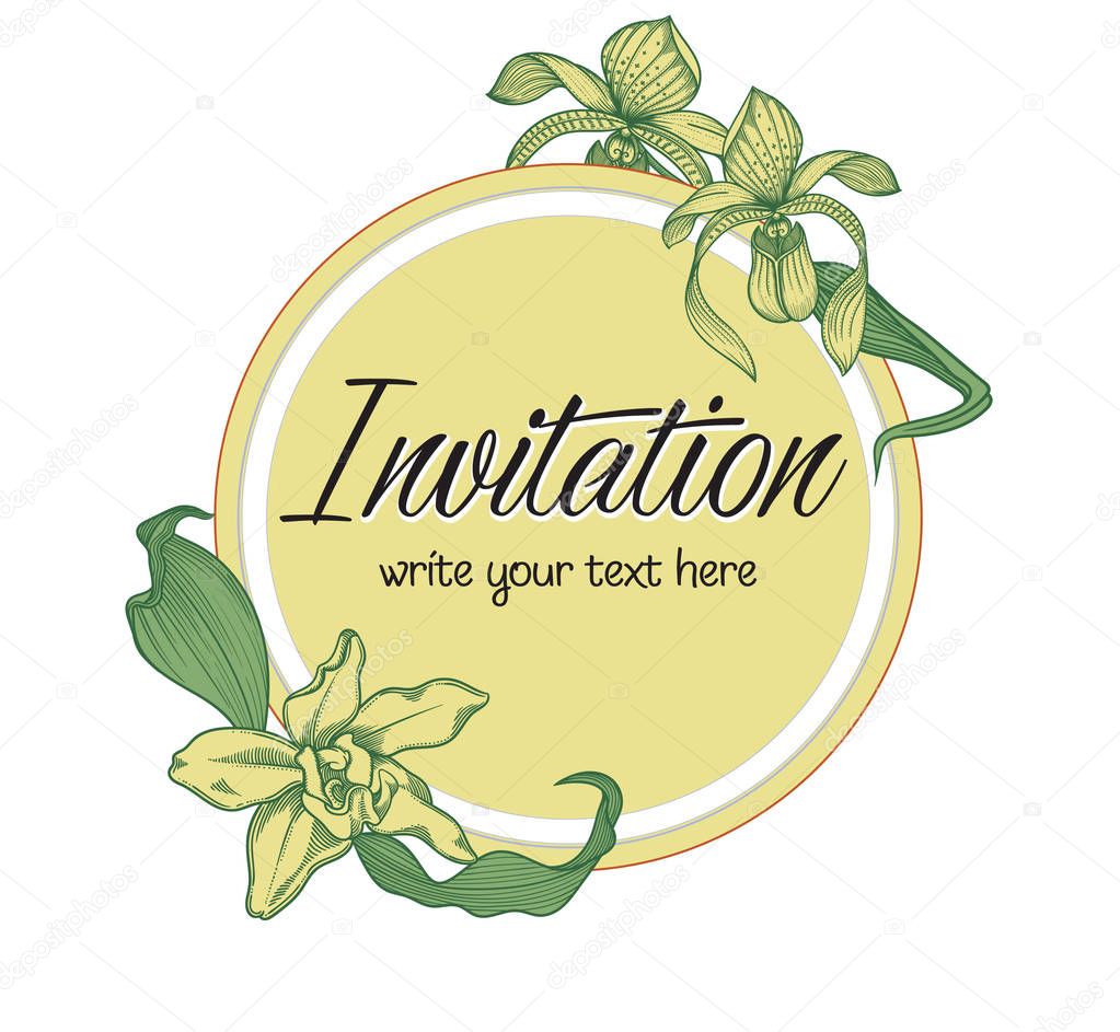 Vector hand drawn romantic floral invitation.textured cycle with orchid flowers in line art style.Invite isolated on white background.sketchy hand drawn roses decoration on greeting card