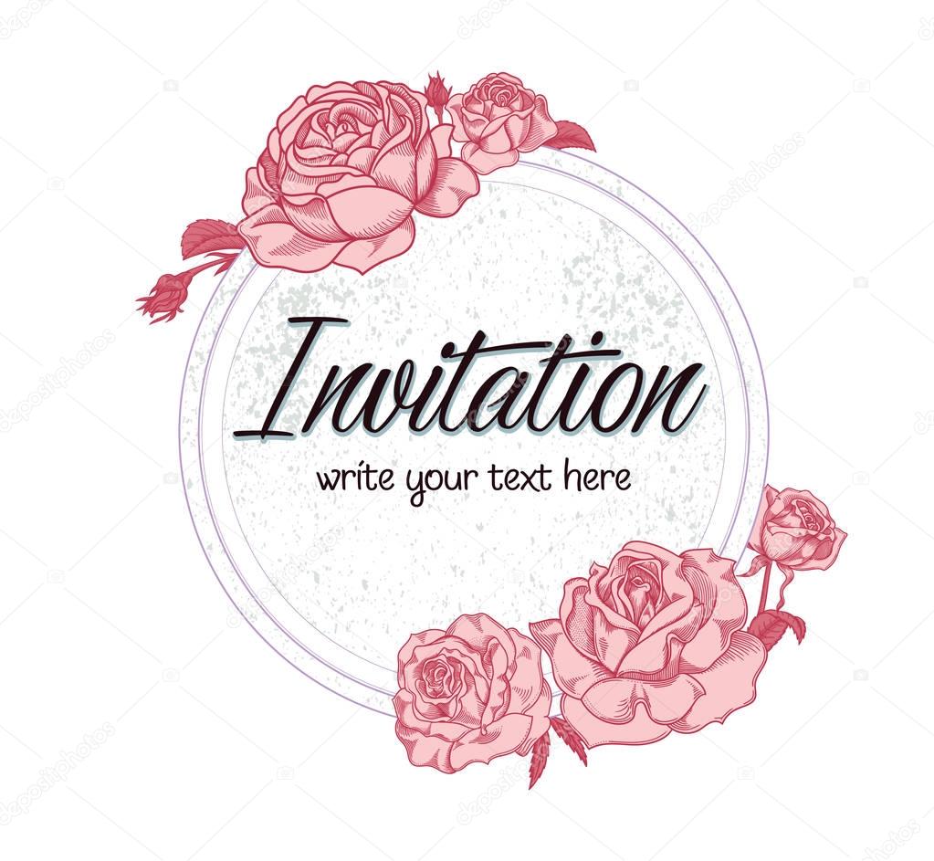Vector hand drawn romantic floral invitation.Textured cycle with rose flowers in line art style.Invite isolated on white background. sketchy hand drawn roses decoration on greeting card.