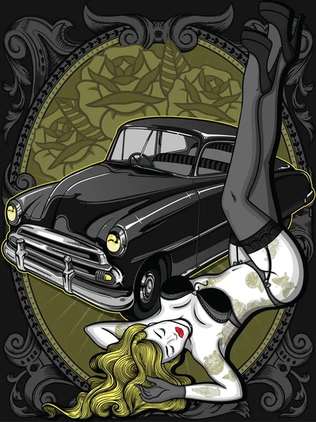 Voiture rétro avec femme tatouée vintage dans un vieux style classique et ruban sur fond. Illustration vectorielle modifiable de haute qualité. Belle composition pour affiche — Image vectorielle