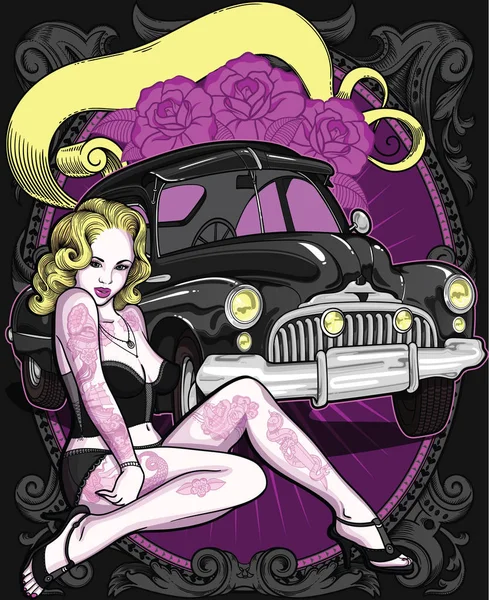 Retro automobil s vintage Tetovaný žena ve starém klasickém stylu a stužkou na pozadí. Vysoce kvalitní vektorové upravitelné ilustrace. Krásná skladba pro plakát — Stockový vektor