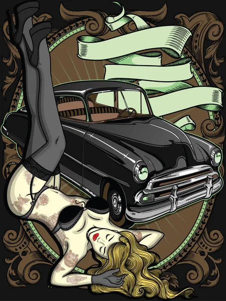 Retro mobil dengan wanita bertato vintage dengan gaya klasik tua dan pita di latar belakang. Ilustrasi Vektor berkualitas tinggi. Komposisi yang indah untuk poster - Stok Vektor