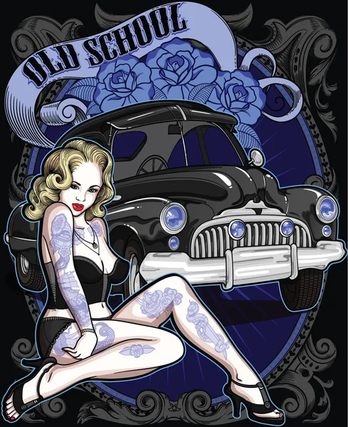 Automóvil retro con mujer tatuada vintage en estilo clásico antiguo y cinta en el fondo. Ilustración editable vectorial de alta calidad. Hermosa composición para cartel — Archivo Imágenes Vectoriales