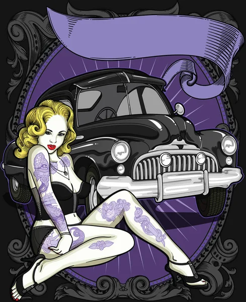 Voiture rétro avec femme tatouée vintage dans un vieux style classique et ruban sur fond. Illustration vectorielle modifiable de haute qualité. Belle composition pour affiche — Image vectorielle