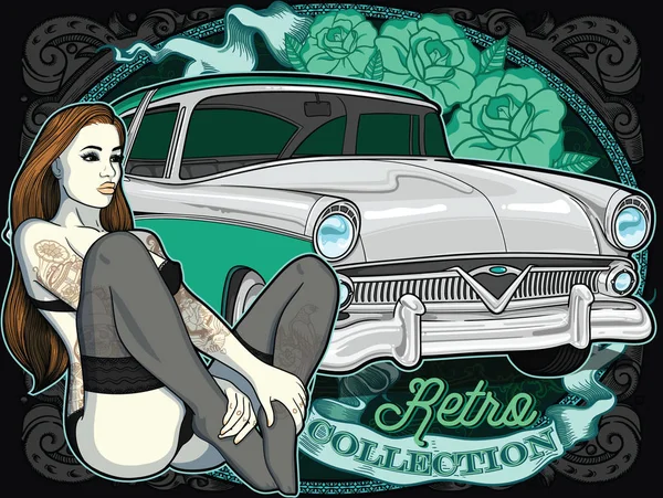 Ρετρό αυτοκίνητο με ρετρό τατουάζ γυναίκα στο παλιό κλασικό στυλ και κορδέλα σε φόντο. Διάνυσμα επεξεργάσιμο απεικόνιση υψηλής ποιότητας. Όμορφη σύνθεση για αφίσα — Διανυσματικό Αρχείο