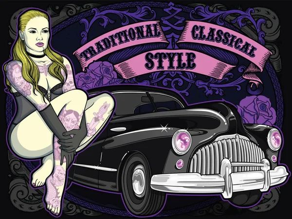 Retro automobil s vintage Tetovaný žena ve starém klasickém stylu a stužkou na pozadí. Vysoce kvalitní vektorové upravitelné ilustrace. Krásná skladba pro plakát — Stockový vektor