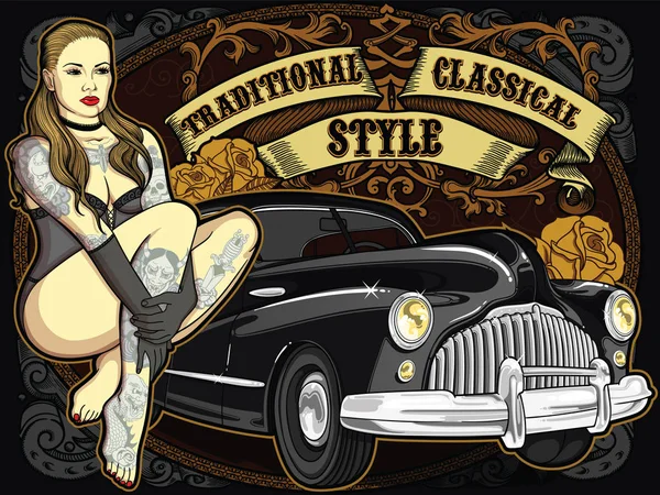 Automóvel retrô com mulher tatuada vintage em estilo clássico antigo e fita no fundo. Ilustração editável vetorial de alta qualidade. Bela composição para cartaz —  Vetores de Stock