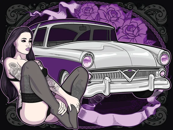 Voiture rétro avec femme tatouée vintage dans un vieux style classique et ruban sur fond. Illustration vectorielle modifiable de haute qualité. Belle composition pour affiche — Image vectorielle