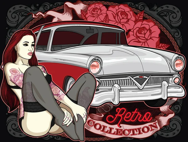 Automobile retrò con donna tatuata vintage in vecchio stile classico e nastro su sfondo. Illustrazione modificabile vettoriale di alta qualità. Bella composizione per poster — Vettoriale Stock