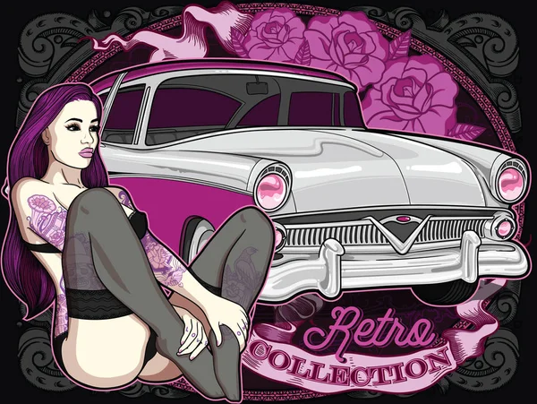Retro automobile with  vintage tattooed woman in old classic style and ribbon on background . Vector editable illustration high quality . Beautiful composition for poster — Stock Vector