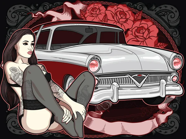 Ретро автомобіль з вінтажною татуйованою жінкою в старовинному класичному стилі і стрічкою на фоні. Векторна змінена ілюстрація високої якості. Красива композиція для плакату — стоковий вектор