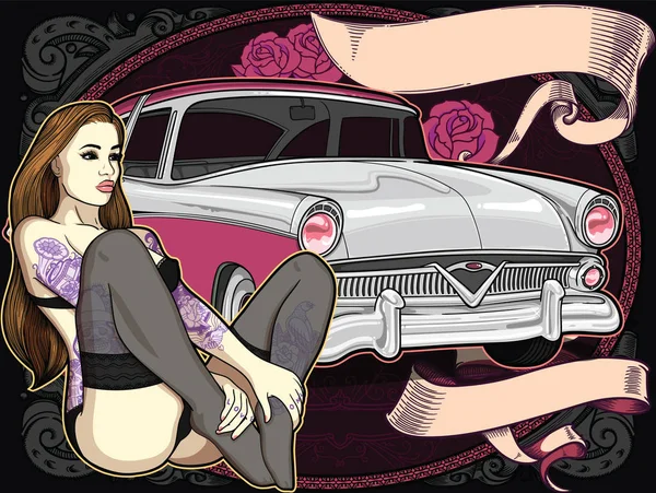 Automóvel retrô com mulher tatuada vintage em estilo clássico antigo e fita no fundo. Ilustração editável vetorial de alta qualidade. Bela composição para cartaz —  Vetores de Stock