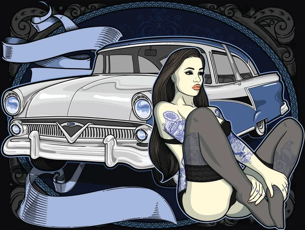 Retro automobil s vintage Tetovaný žena ve starém klasickém stylu a stužkou na pozadí. Vysoce kvalitní vektorové upravitelné ilustrace. Krásná skladba pro plakát — Stockový vektor