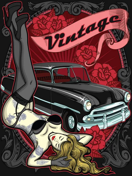 Automóvil retro con mujer tatuada vintage en estilo clásico antiguo y cinta en el fondo. Ilustración editable vectorial de alta calidad. Hermosa composición para cartel — Archivo Imágenes Vectoriales