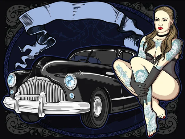 Automóvel retrô com mulher tatuada vintage em estilo clássico antigo e fita no fundo. Ilustração editável vetorial de alta qualidade. Bela composição para cartaz —  Vetores de Stock
