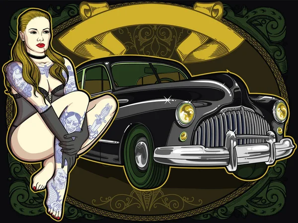 Ретро автомобиль с винтажными татуировками женщины в старом классическом стиле и ленты на заднем плане. Векторная редактируемая иллюстрация высокого качества. Красивая композиция для плаката — стоковый вектор