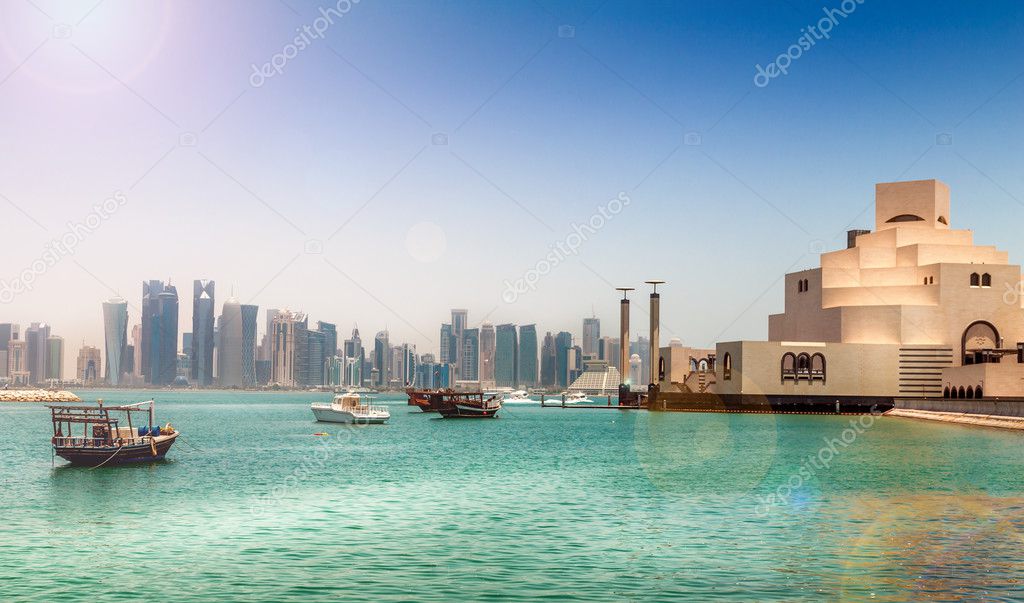 Skyline of Doha, Qatar. On the right the museum of islamic art