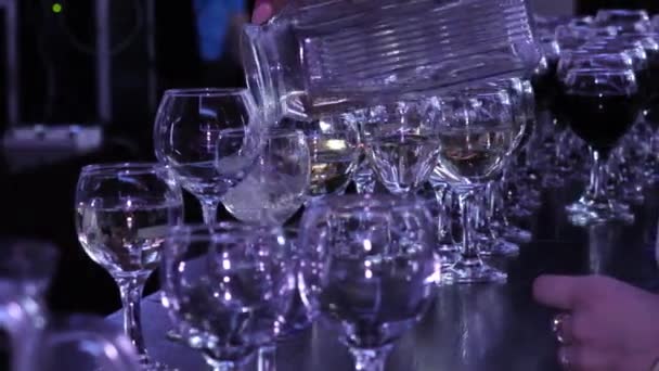 Bartnder Pouring Wine Glasses Buffet Table — Stock Video