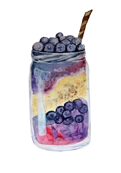 Beyaz bir arka plan üzerinde izole yaban mersini ile kavanoza suluboya tatlı