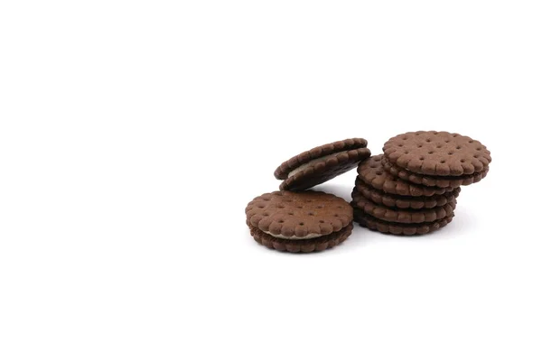 Chocolate Cream Sandwich Cookies Cream Filling White Background — Stock Photo, Image