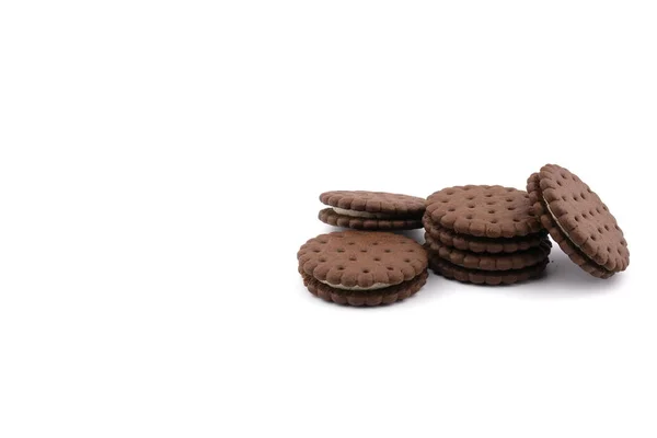 Chocolate Cream Sandwich Cookies Cream Filling White Background — Stock Photo, Image