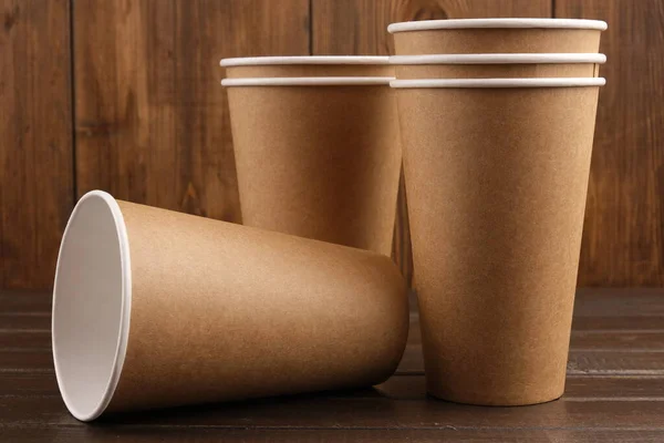 Six Eco Friendly Cups Lie Wooden Background Concept Ecology Mock — Stock Photo, Image