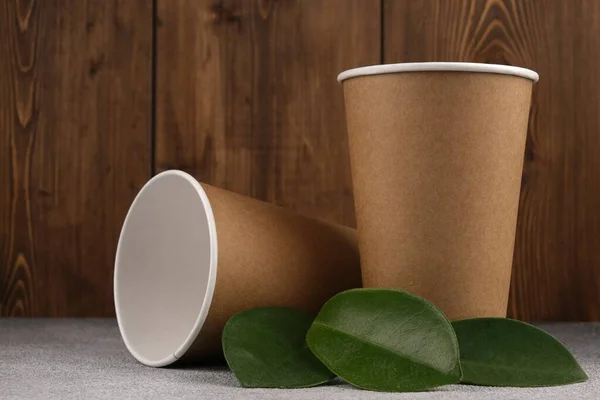 Two Eco Friendly Cardboard Cups Green Leaves Lie Concrete Surface — Stock Photo, Image