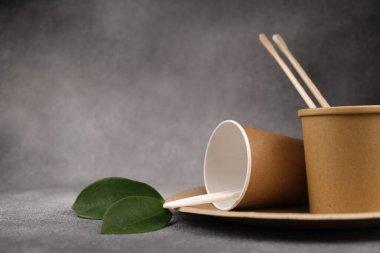 Beton bir arka planda çevre dostu aletler. Çevre dostu aletler kavramı. Boşluğu kopyala