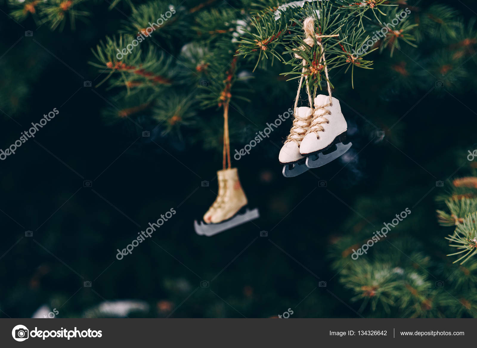 Closeup Christmas Tree Decoration Two Pair Of Miniature Ice Skates