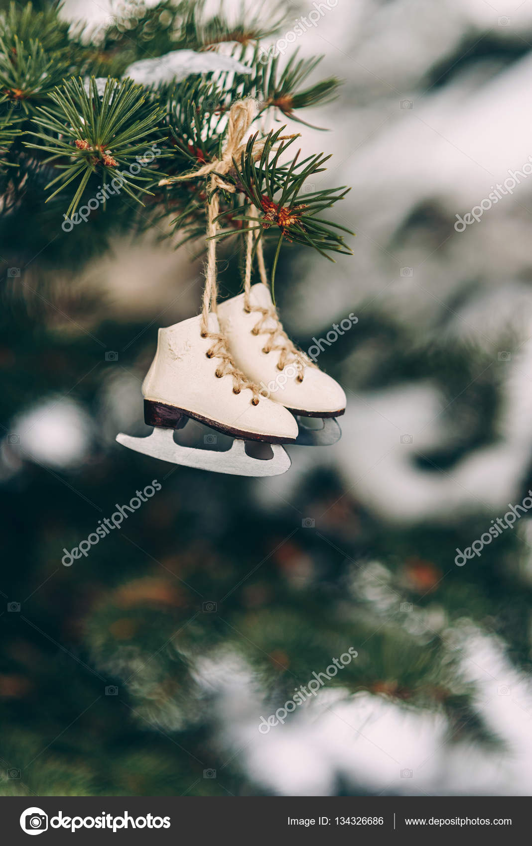 Closeup Christmas Tree Decoration Miniature Ice Skates On The