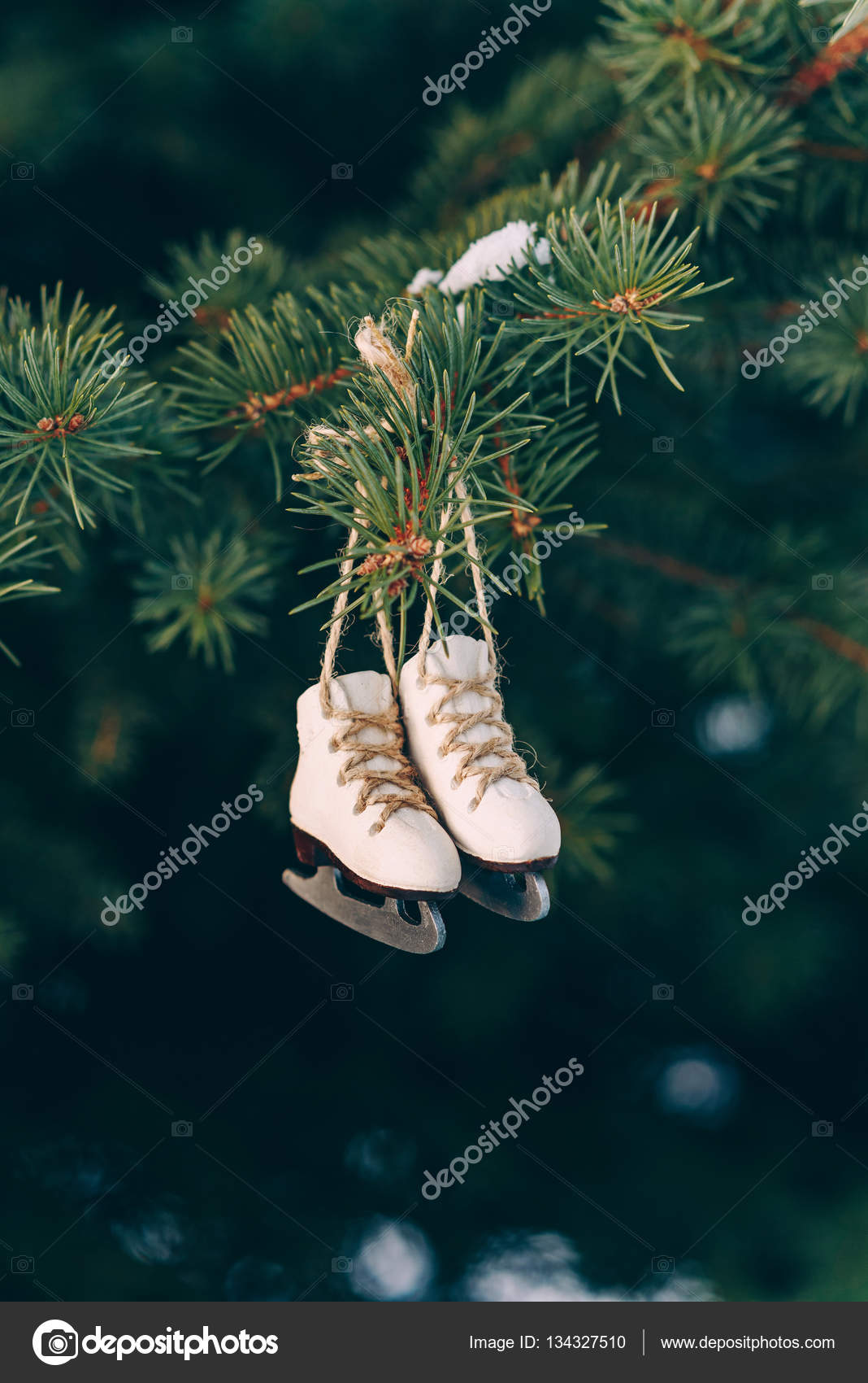 Closeup Christmas Tree Decoration Handmade Miniature Ice Skates On