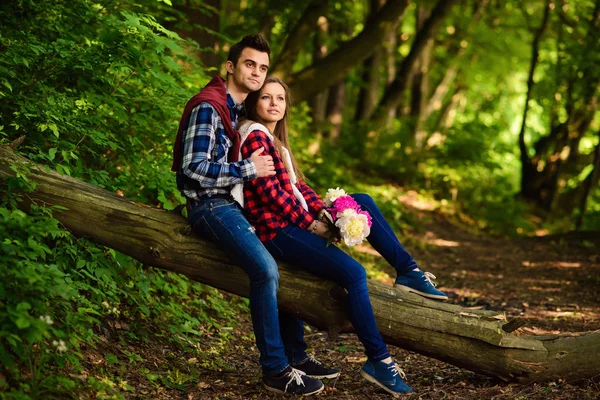 Elegante giovane coppia in camicie e jeans mentre passeggia nel bosco. Una bella ragazza con il suo bel ragazzo seduto su un albero caduto . — Foto Stock