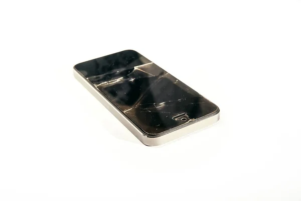 Pantalla Cristal Roto Teléfono Móvil Aislado Smartphone Caer Suelo Choque — Foto de Stock