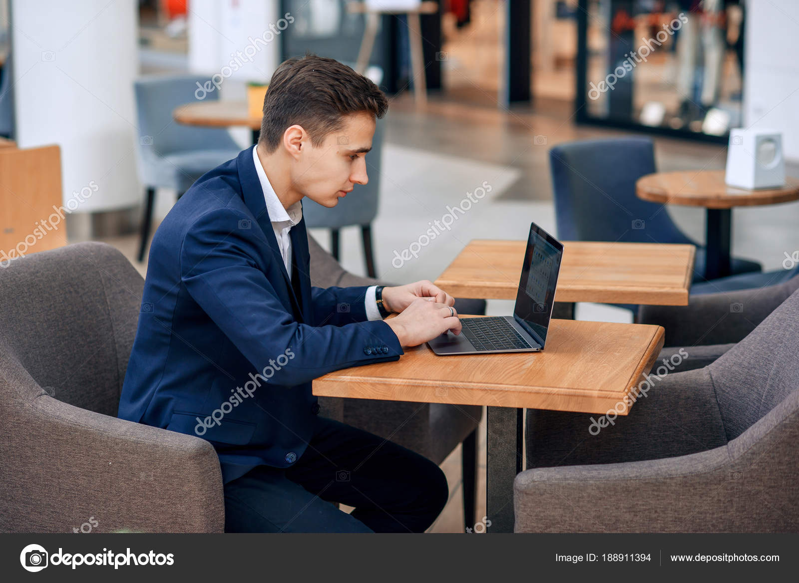 Successful Young Businessman Working Laptop Coffee Shop Stylish - 