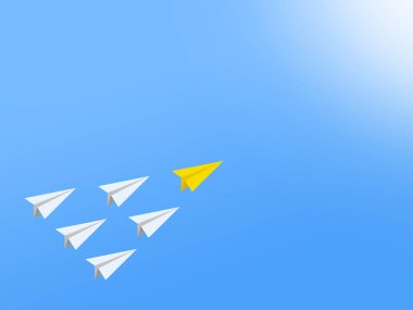 Kırmızı kağıt uçakla liderlik kavramı mavi arka planda beyaz arasında öncülük ediyor